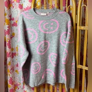 Like New Only Carmakoma Gray Sweater with Pink Smiley Faces SZ 0X